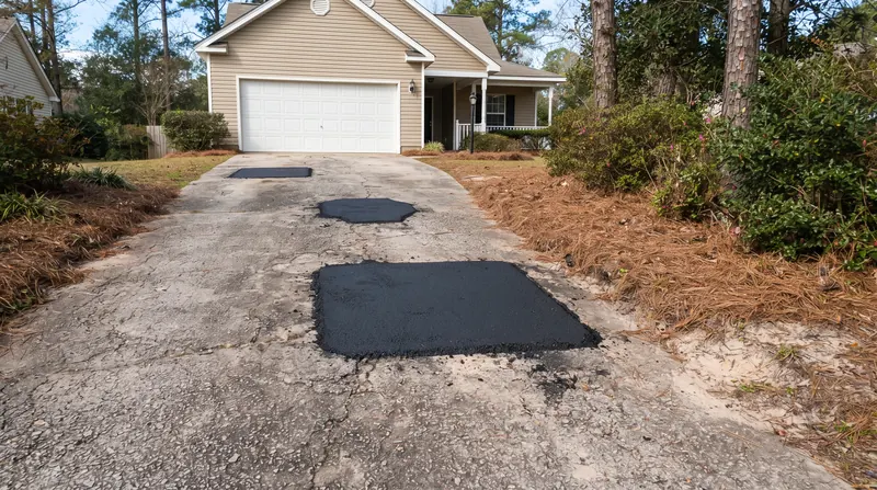 Older gray asphalt driveway with three fresh black hot-asphalt patches, pine straw beds along the edges