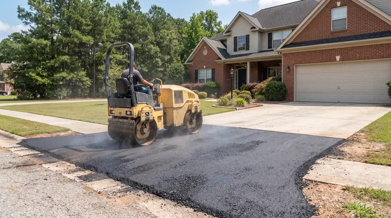 Small roller compacting a fresh layer of asphalt on a residential driveway in front of a brick home