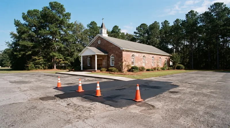 Small brick church parking lot with a fresh black asphalt patch blocked off by orange traffic cones